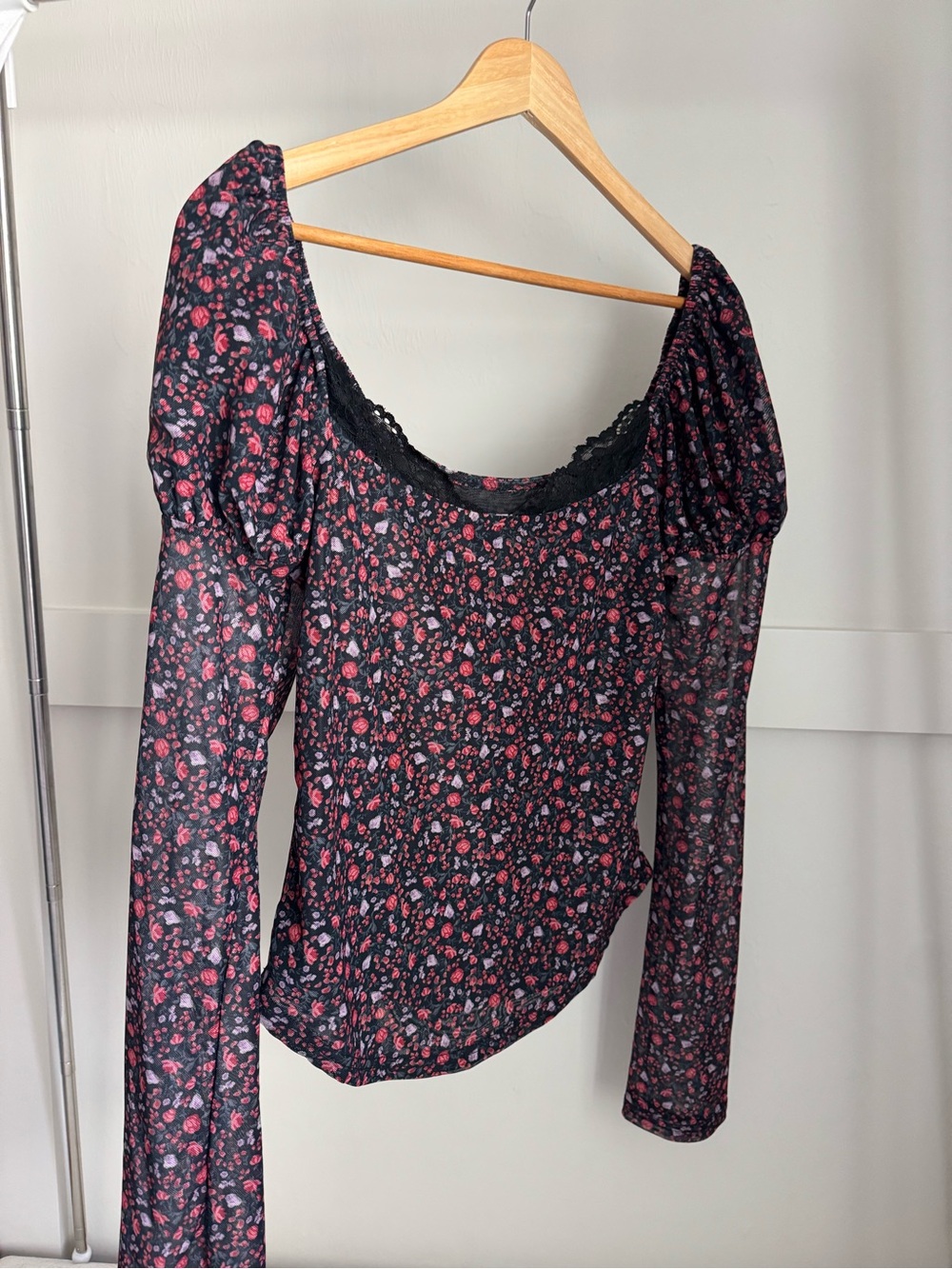 Maeve Black Floral Long-Sleeve Scoop-Neck Blouse